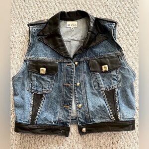 Vintage denim vest. THE ICING. Medium. Gold and faux leather accents.